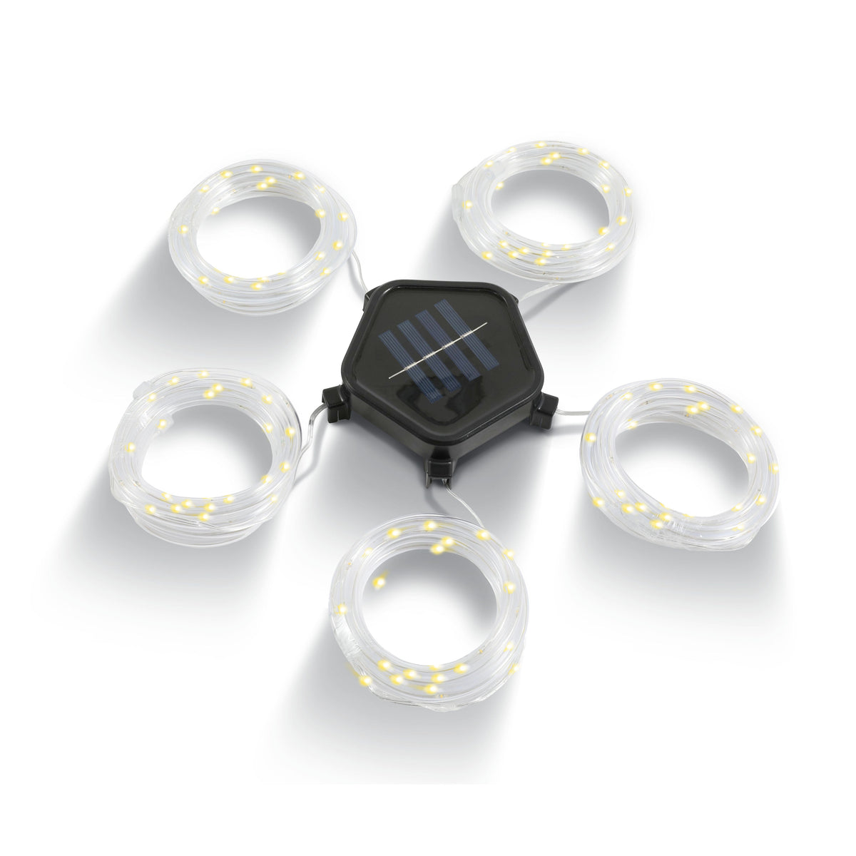 Solar string light kit with five LED rings and black controller with solar panel