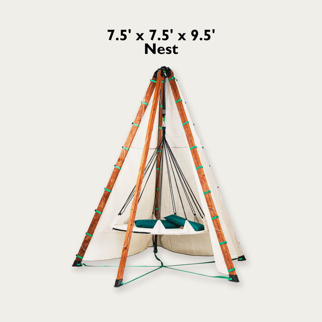Tipi-style play tent with off-white canvas, colorful pole wraps, and hanging rope frame