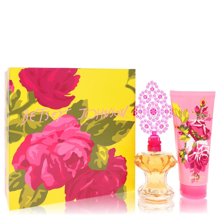 Floral women's fragrance gift set with perfume spray and pink body lotion tube