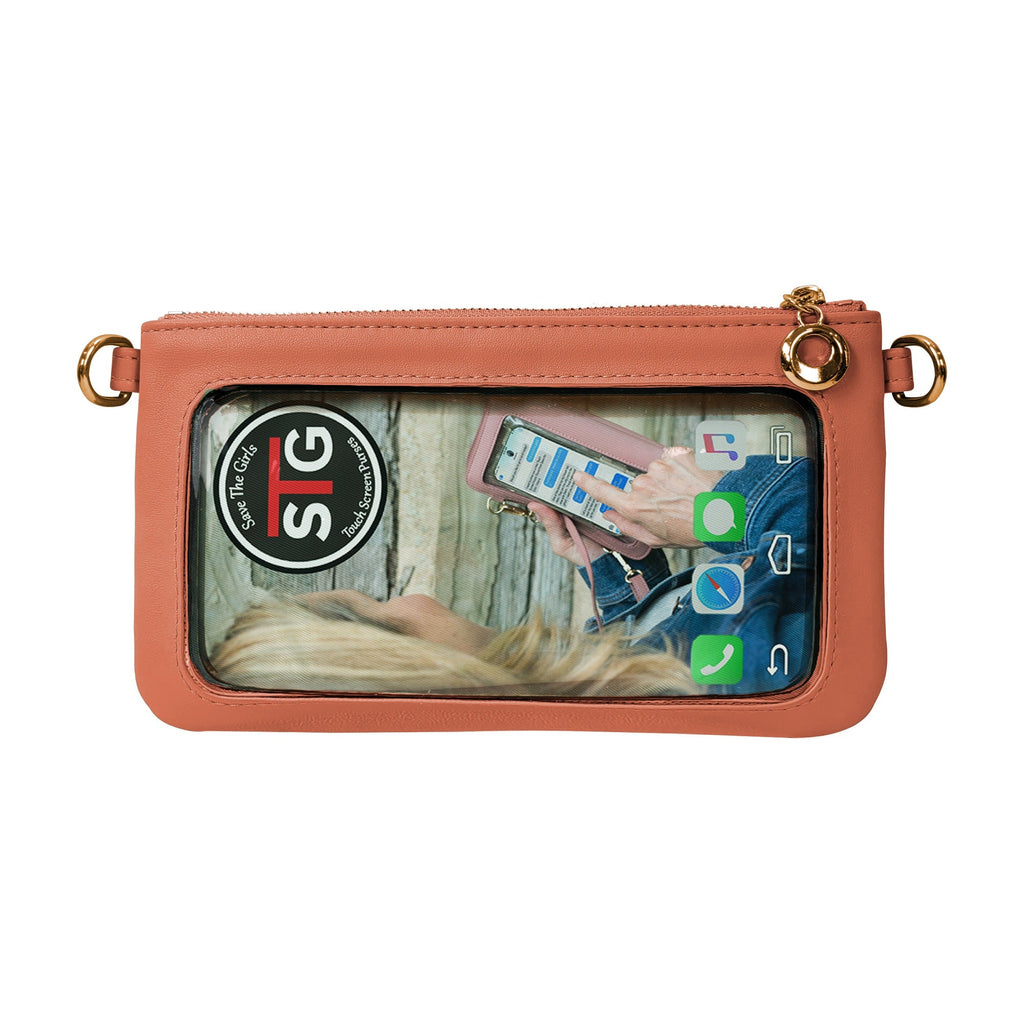 Orange RFID crossbody pouch with clear phone window and gold hardware