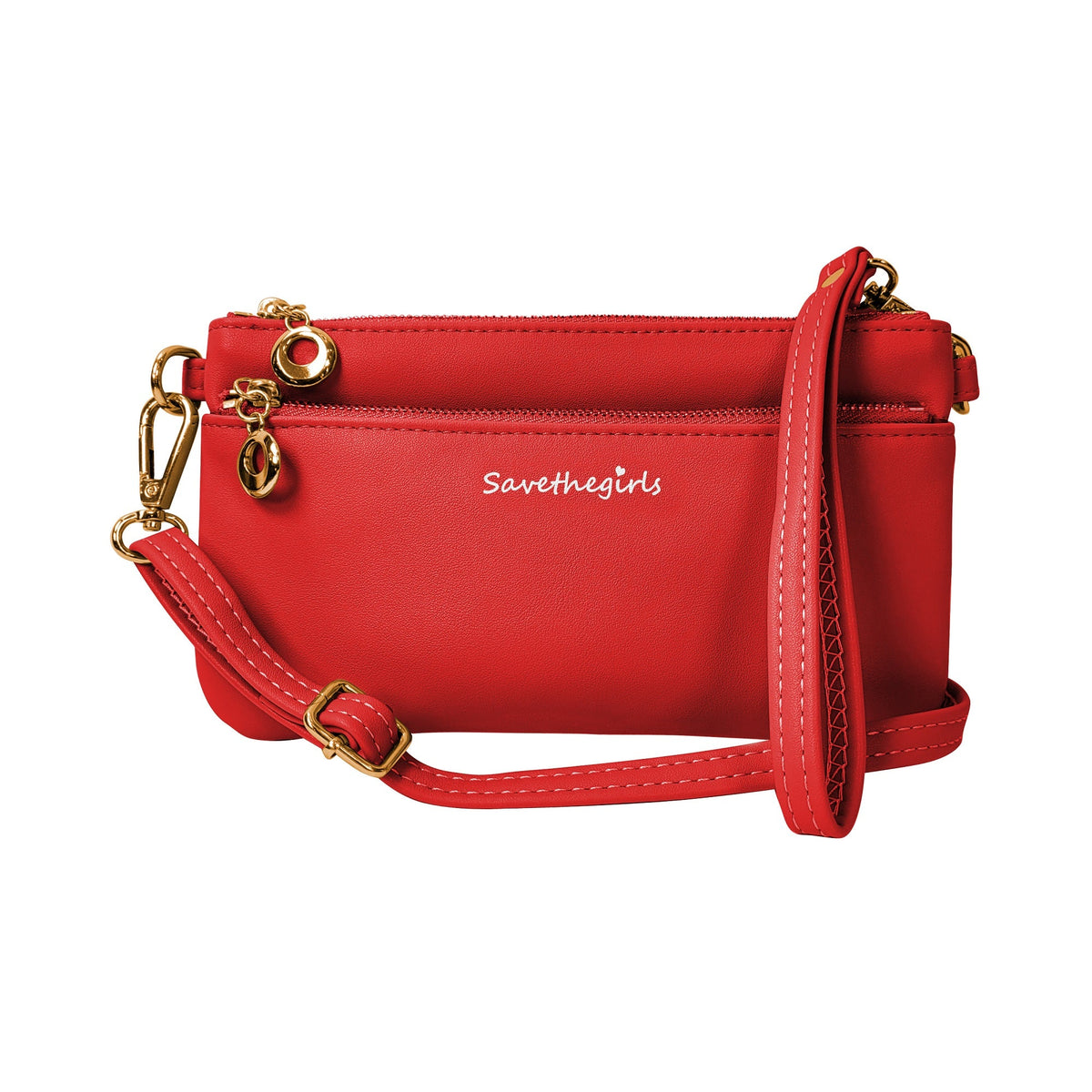 Red RFID crossbody pouch with zip closure and side wrist strap