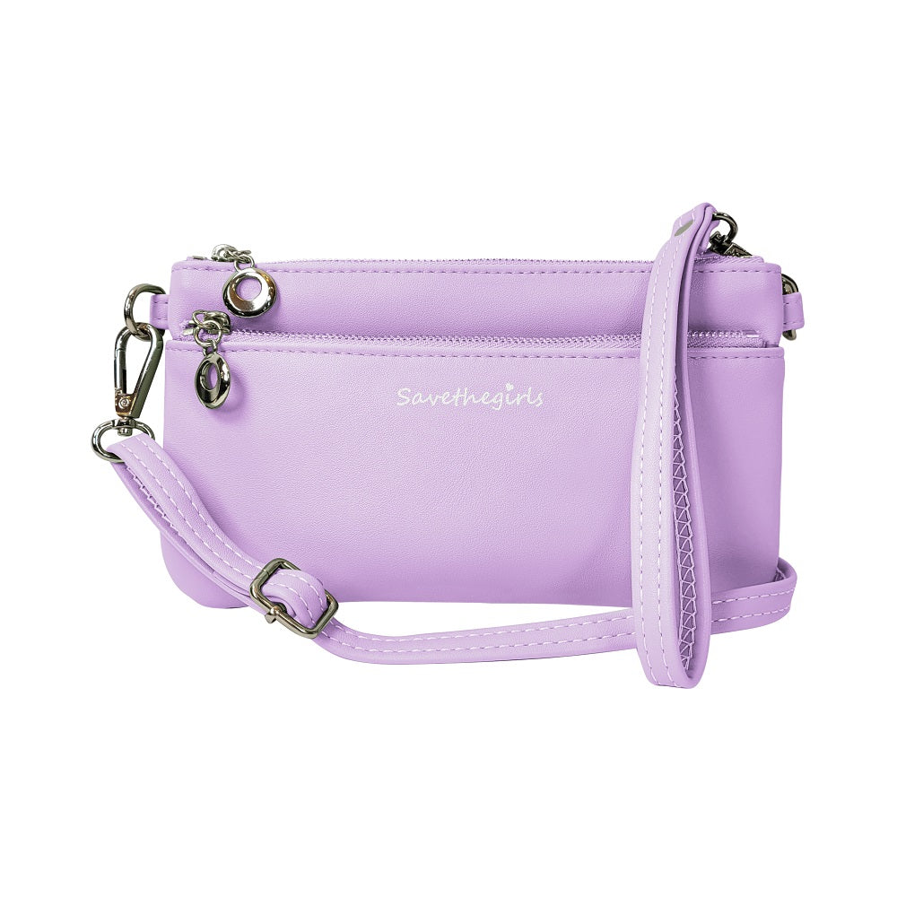 Lavender crossbody bag with zip top, slim front pocket, and adjustable shoulder strap