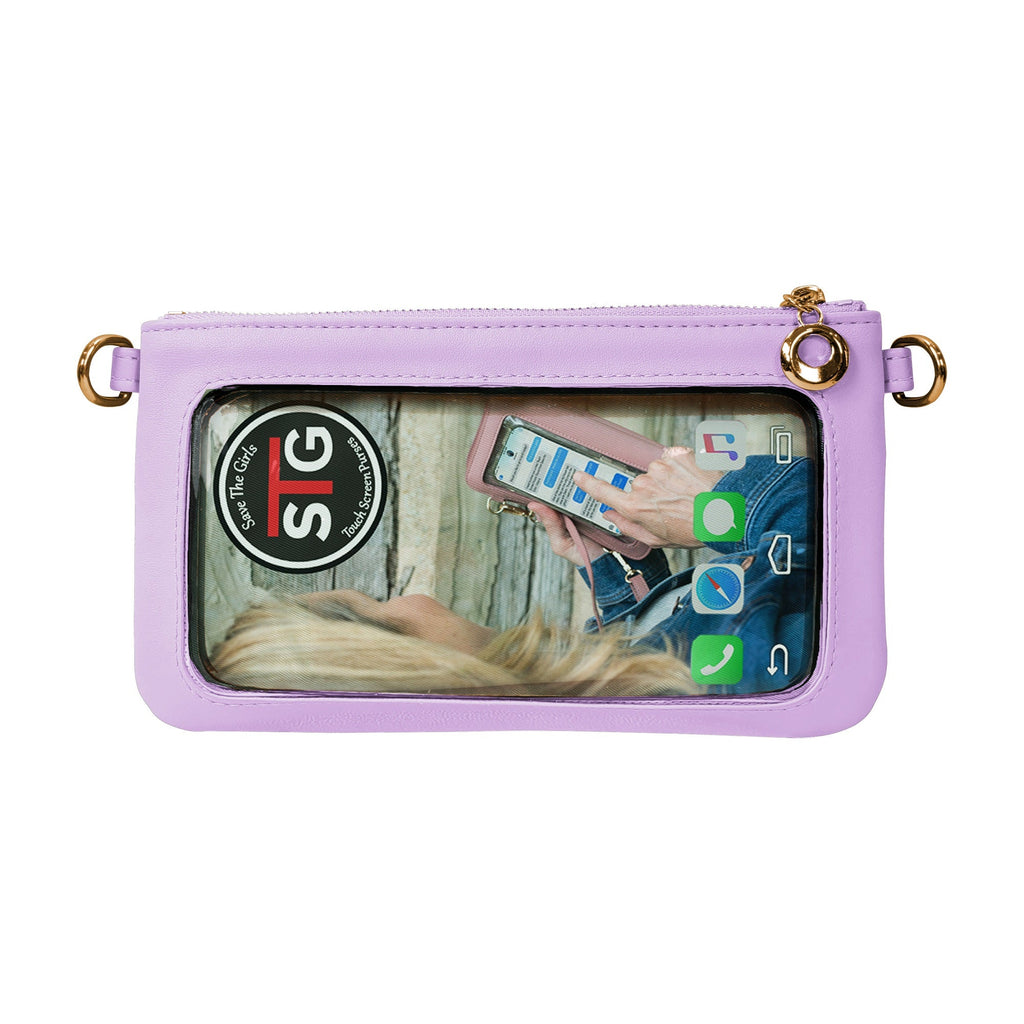 Lavender RFID crossbody pouch with zip and clear phone window