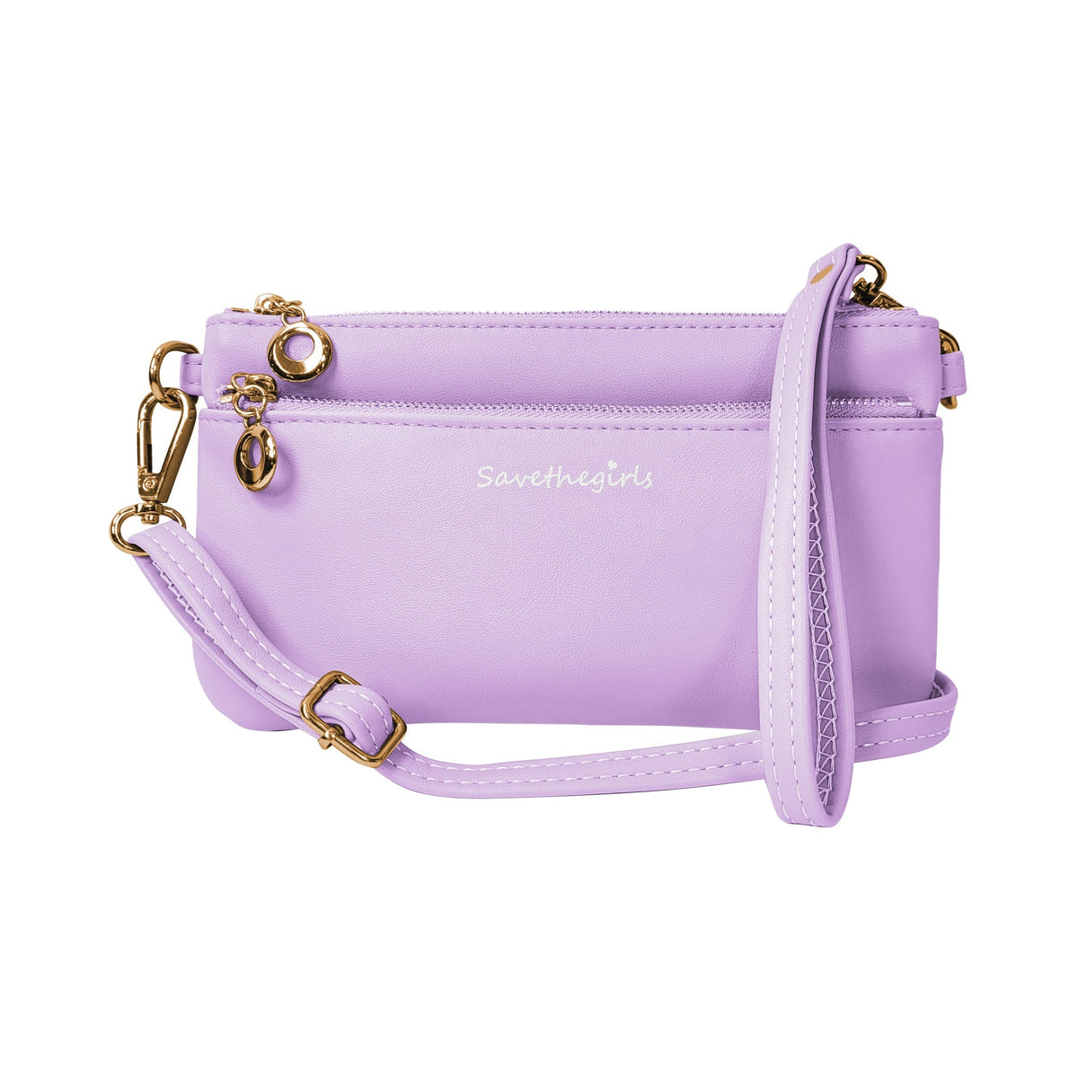 Lavender crossbody RFID wallet with zip top, side strap, and gold-tone hardware