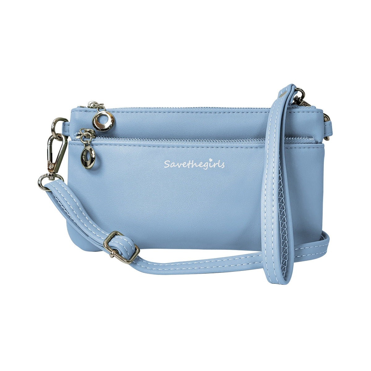 Light blue RFID crossbody pouch with zip closure and front card pocket