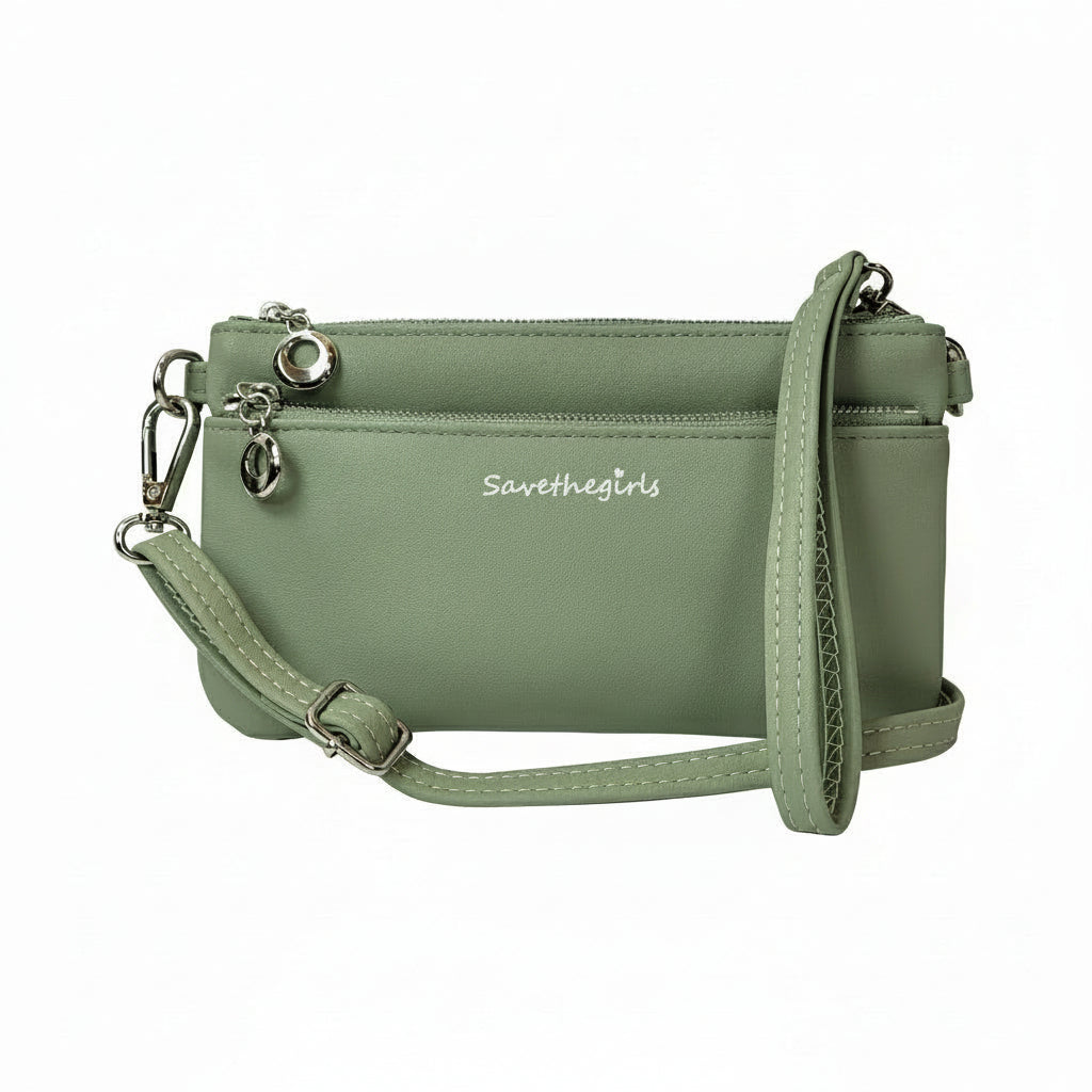 Green RFID crossbody pouch with zip closure and side strap