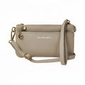 Taupe crossbody RFID wallet with front zipper and adjustable shoulder strap