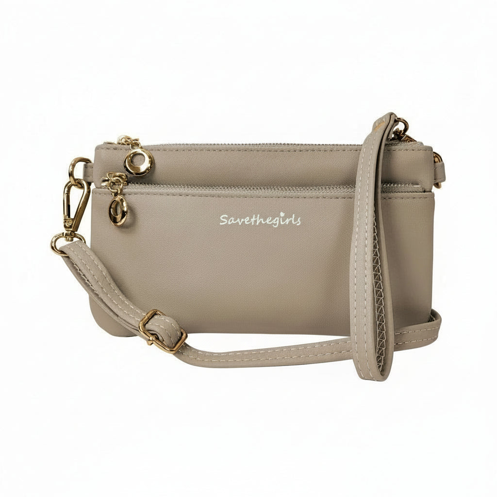 Taupe crossbody RFID wallet with front zipper and adjustable shoulder strap