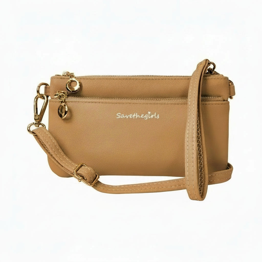 Tan crossbody bag with zip top, slim front pocket, and adjustable shoulder strap