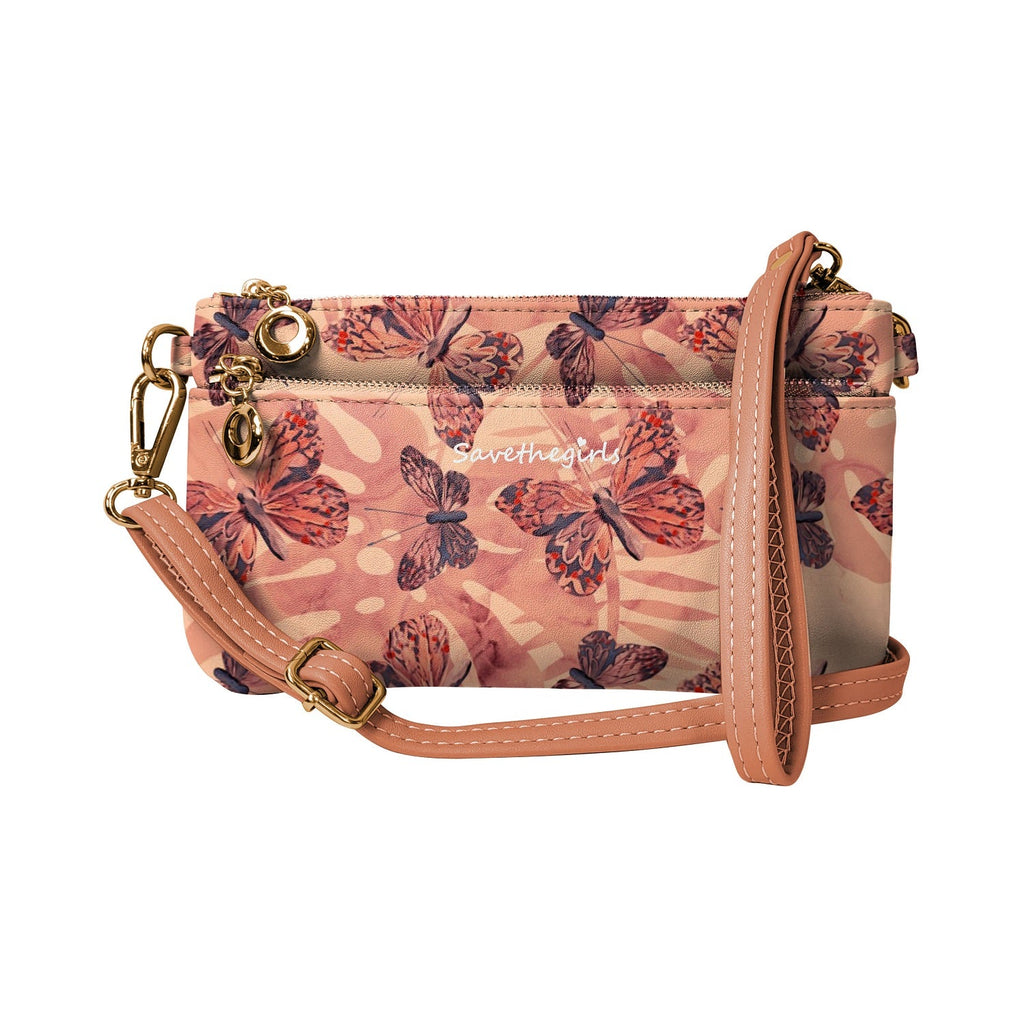 Floral-print crossbody bag with zip top, slim front pocket, and adjustable shoulder strap