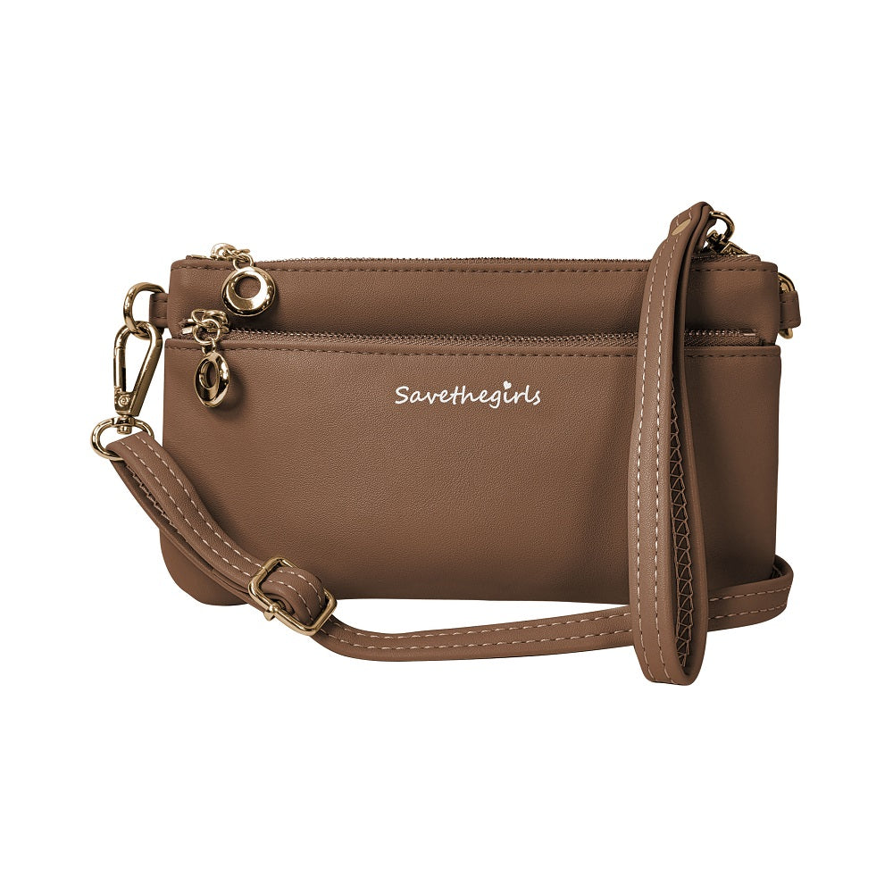 Brown crossbody bag with zip top, slim front pocket, and adjustable shoulder strap