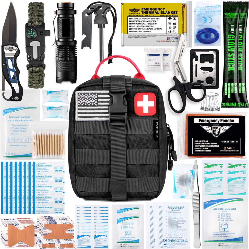 Black tactical first aid kit pouch with red cross and visible emergency supplies