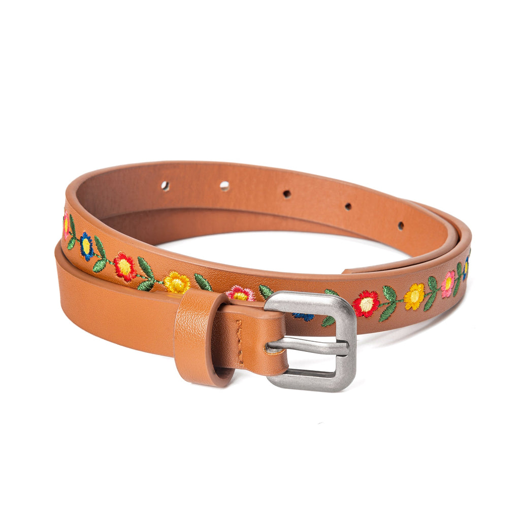 Brown kids leather belt with colorful floral embroidery and silver square buckle