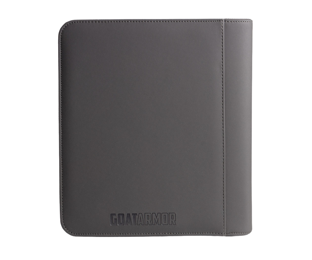 Four-pocket toploader binder back in dark gray with GUATARMOR logo