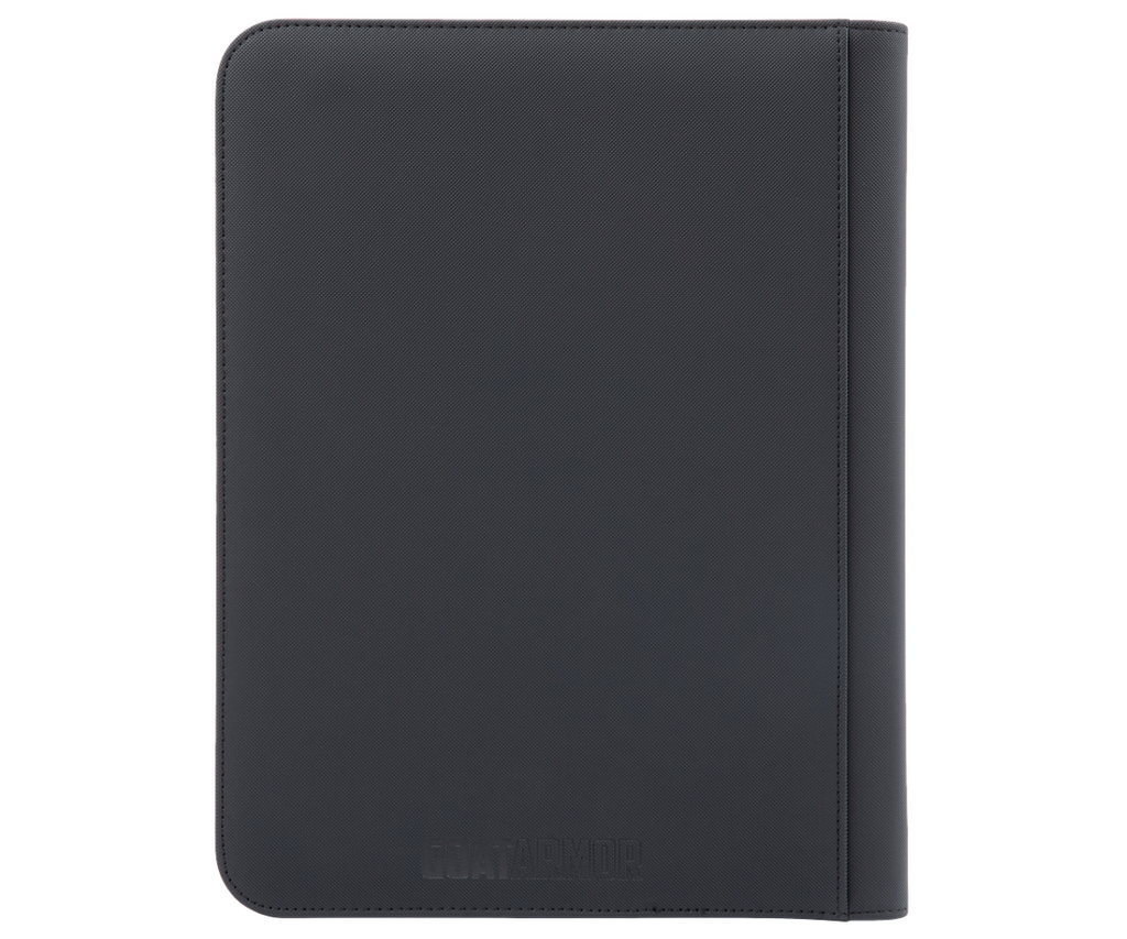 Black card binder back cover with stitched edges and embossed brand text.