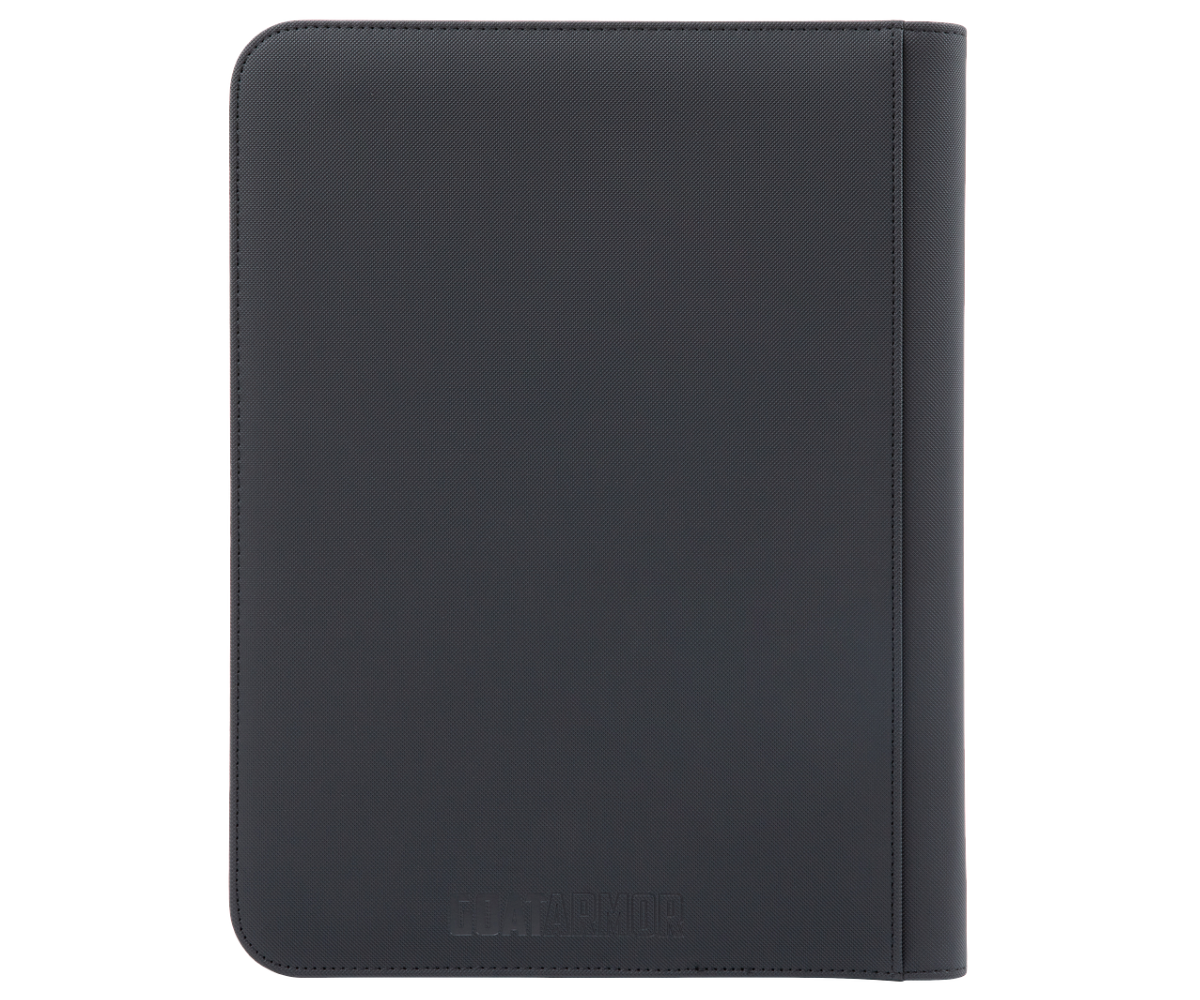 Black card binder back cover with stitched edges and embossed brand text.