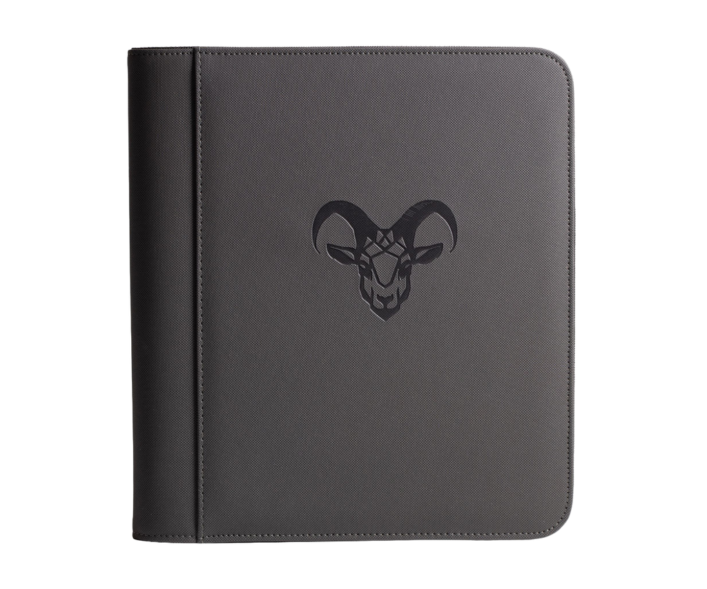 Four-pocket toploader binder, dark gray front with bull/ram-style emblem