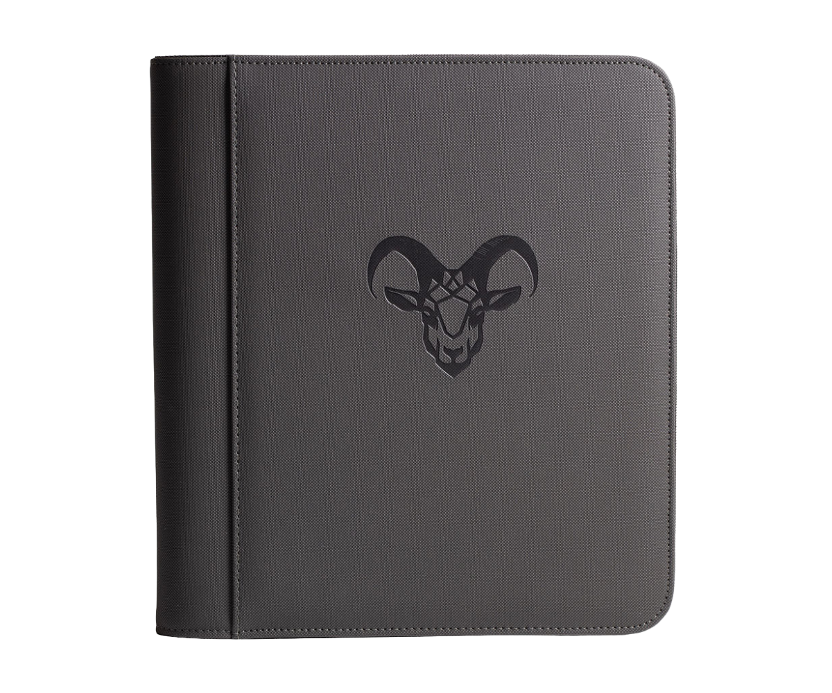 Four-pocket toploader binder, dark gray front with bull/ram-style emblem