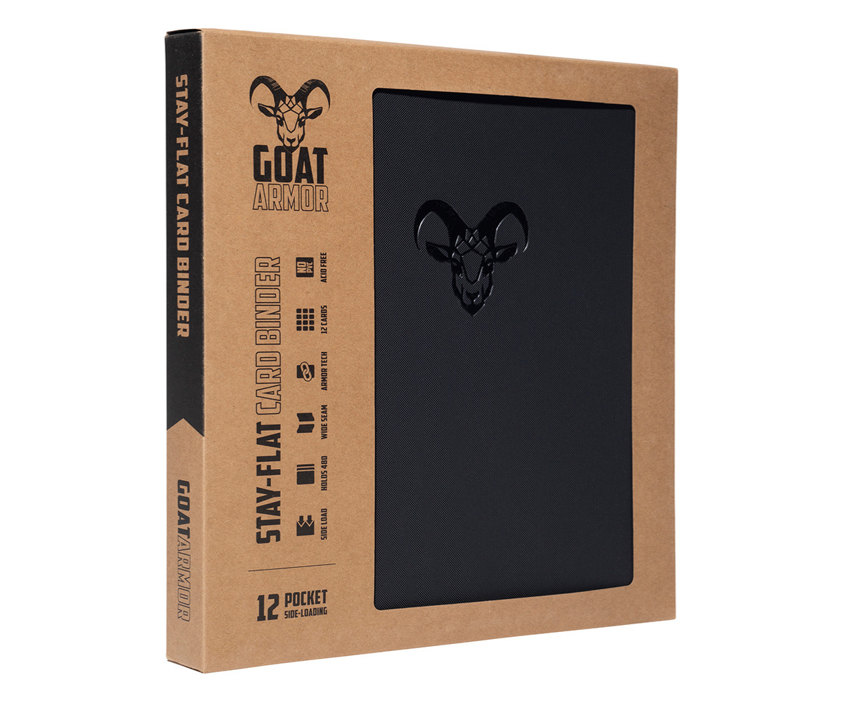 Card binder in box with black front panel and goat head emblem