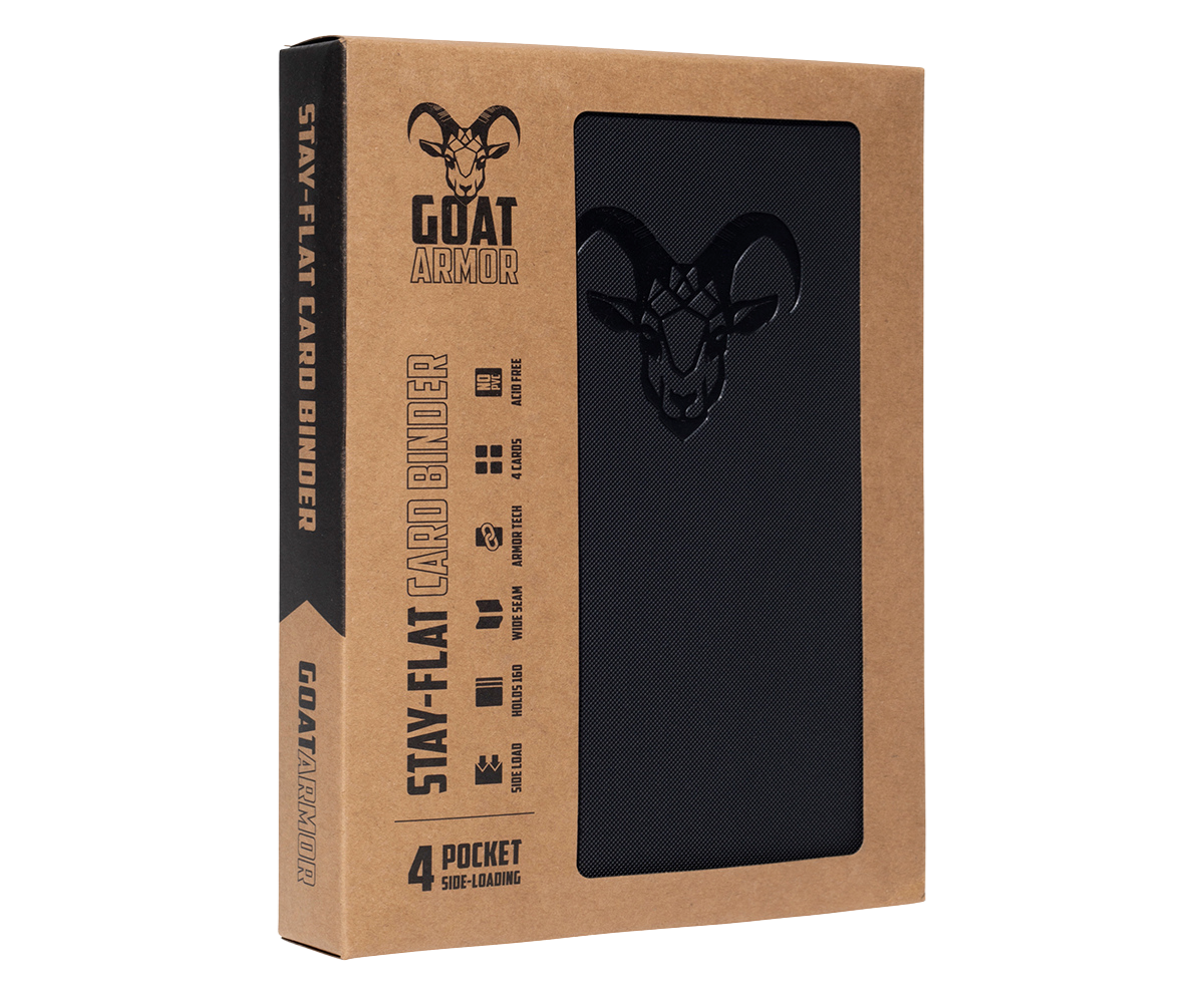 Stay Flat card binder, black front panel with goat icon and slide-on style