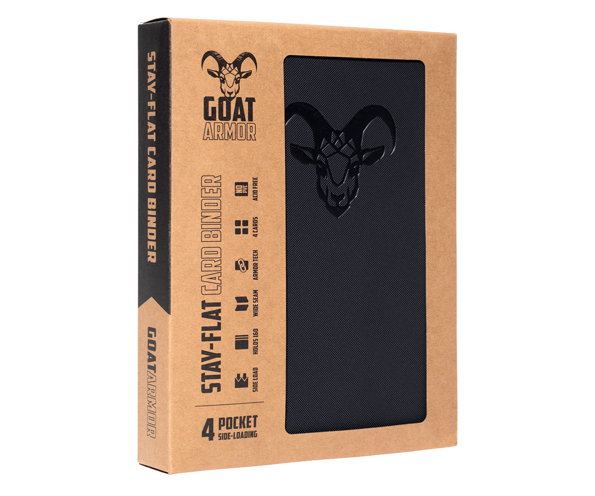 Black card binder shown through box window with goat emblem