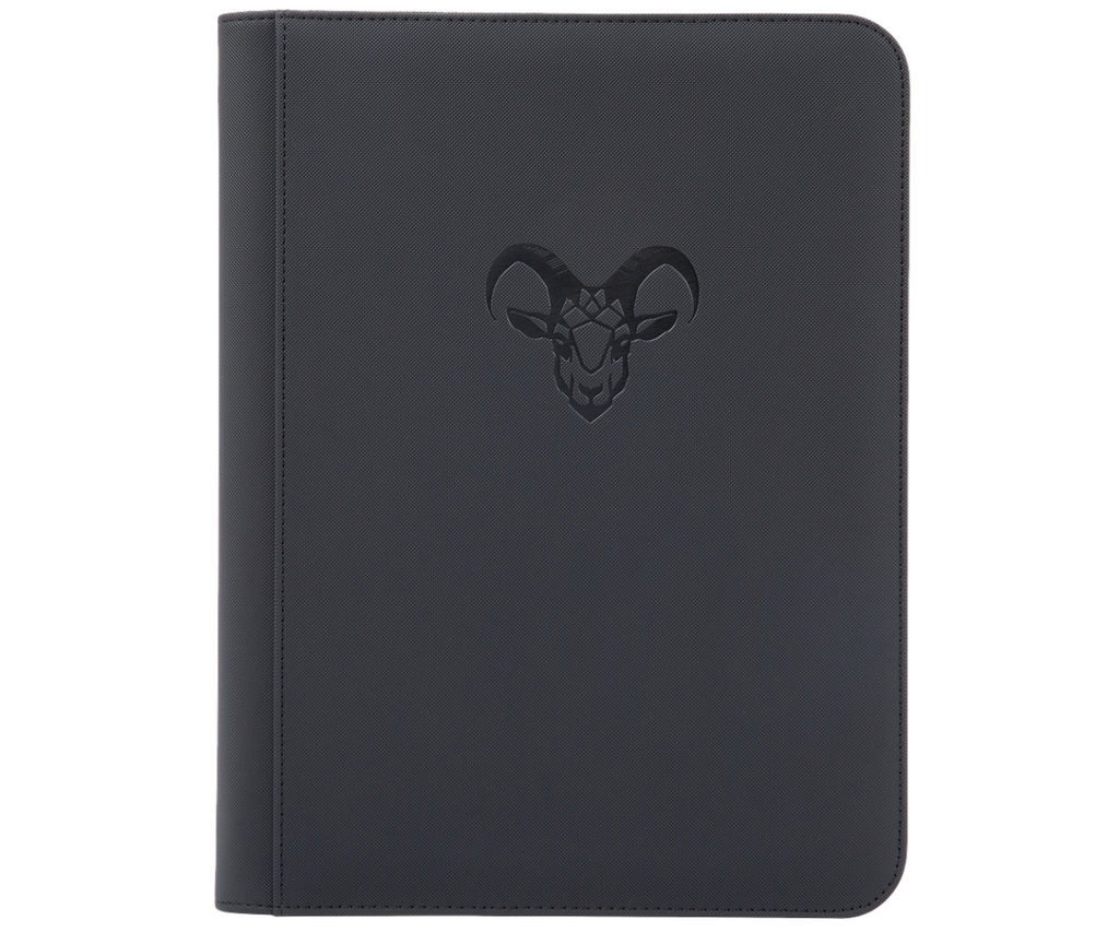 Black card binder front with centered goat emblem and smooth, stitched cover.