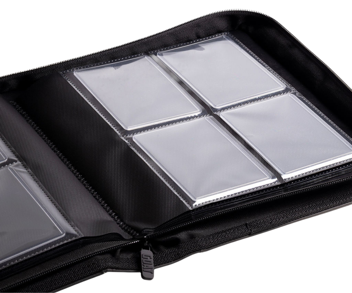 Open four-pocket toploader binder showing four card pages inside