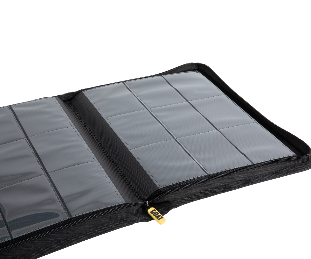 Folded card binder interior with gray padded sleeve panels and black zip pocket.