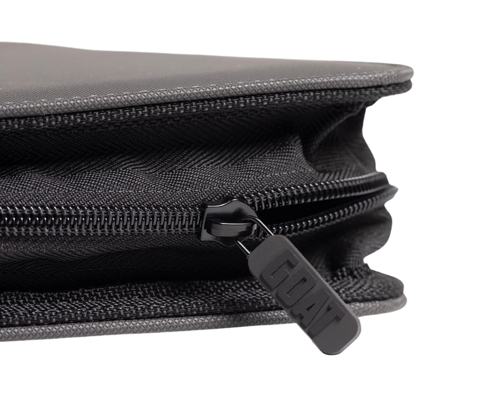 Four-pocket toploader binder zipper close-up with fabric pull tab