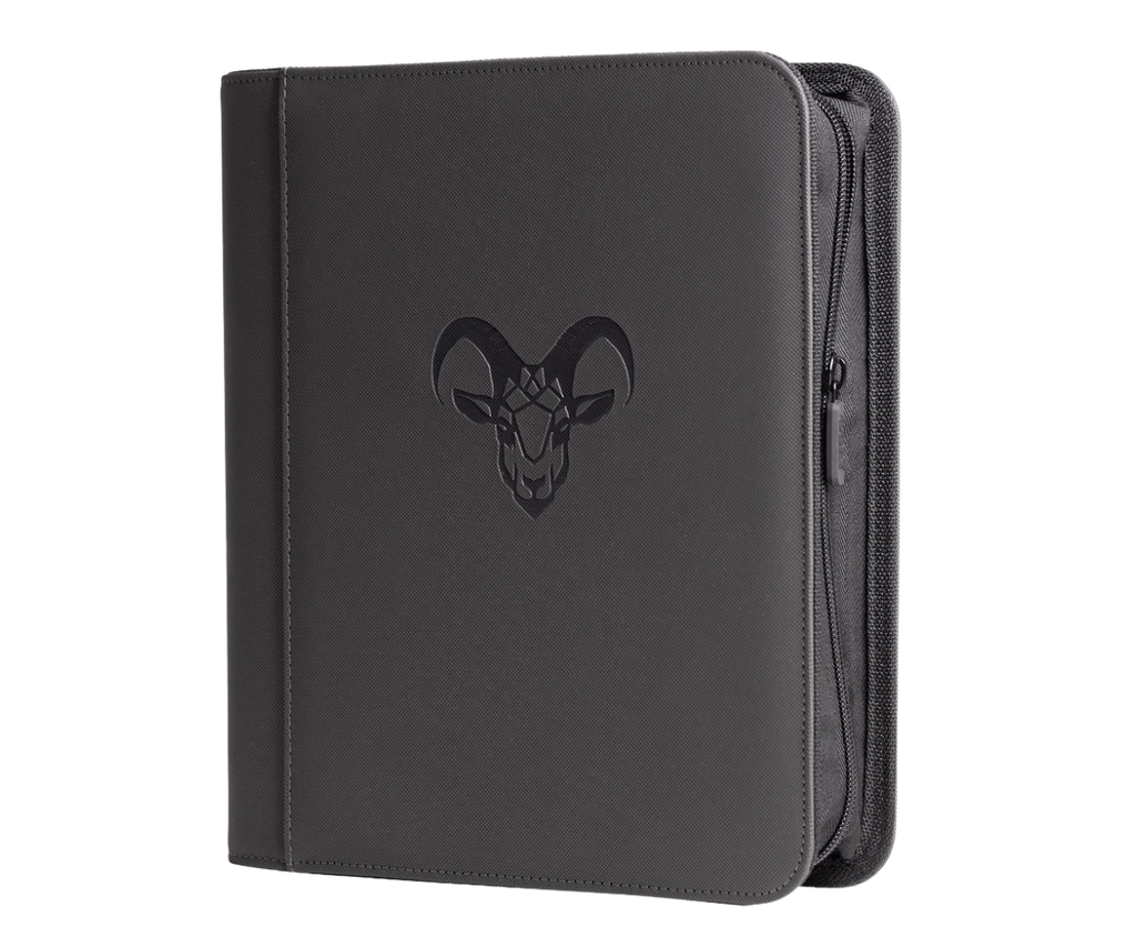 Four-pocket toploader binder in dark gray with front emblem and stitched edges