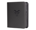 Four-pocket toploader binder in dark gray with front emblem and stitched edges
