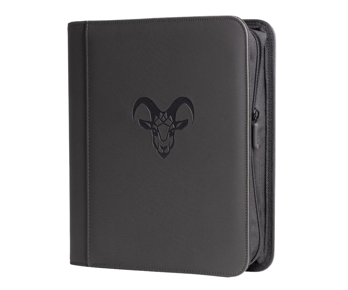 Four-pocket toploader binder in dark gray with front emblem and stitched edges