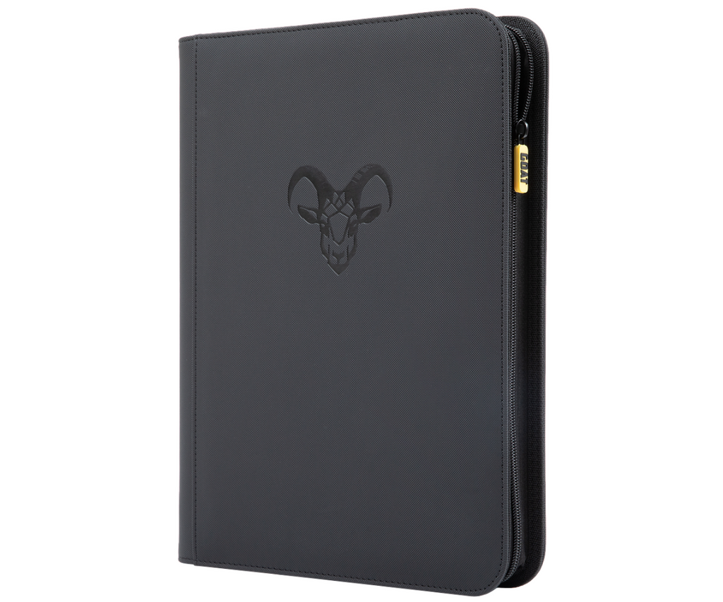 Black card binder with debossed goat emblem and rounded zippered edge.