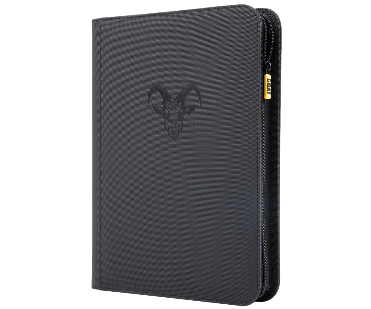 Black card binder with debossed goat emblem and rounded zippered edge.