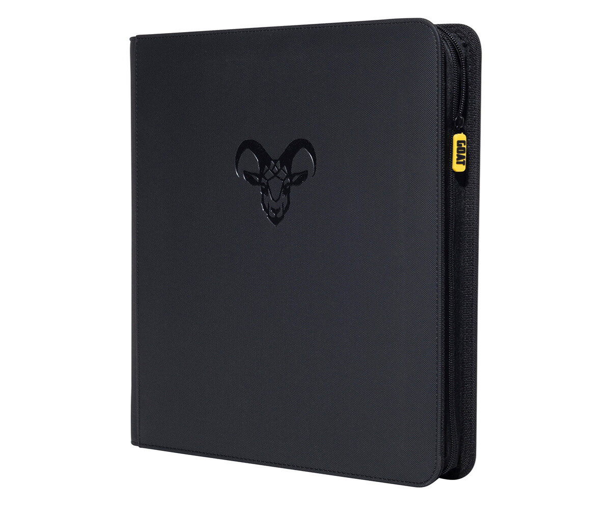 Black card binder with goat head logo, flat front and reinforced edges