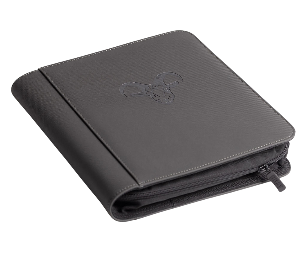 Four-pocket toploader binder closed, dark gray with embossed emblem