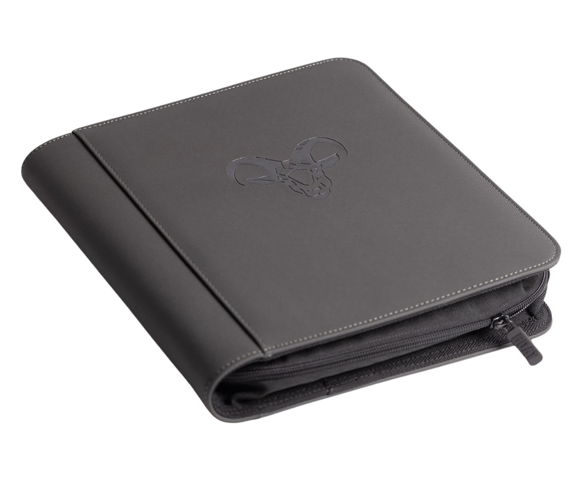 Four-pocket toploader binder closed, dark gray with embossed emblem