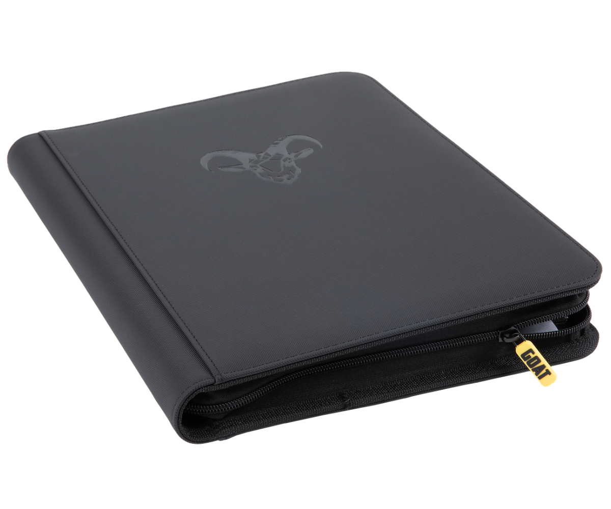 Black card binder with debossed goat emblem and black zip with gold brand tag.