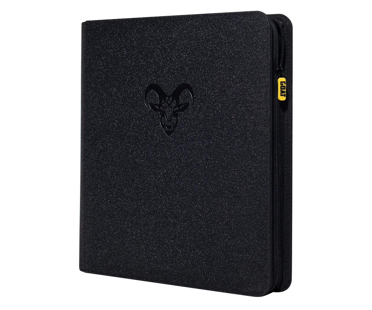 Black textured card binder with zipper and black goat emblem, yellow side label