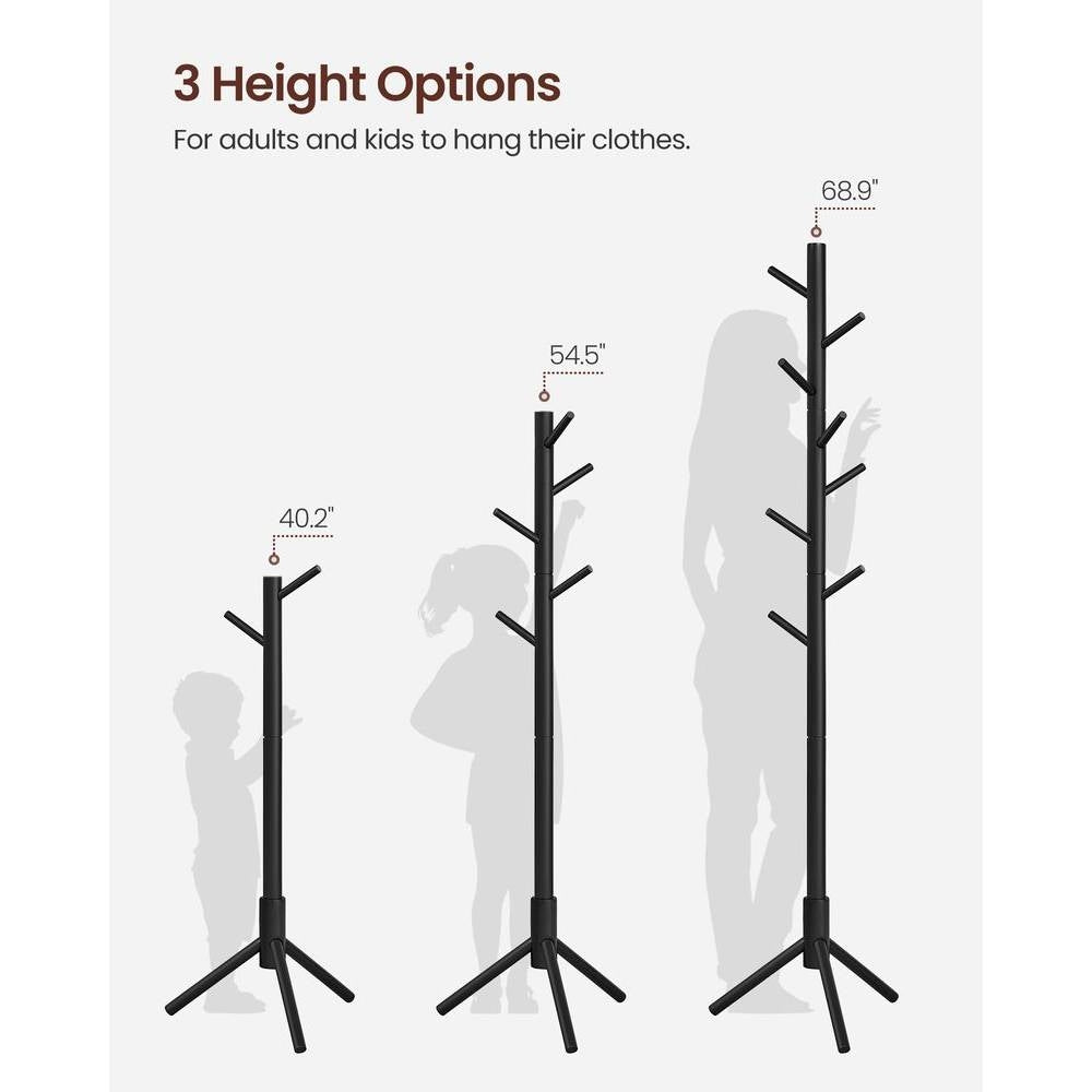 Black standing coat rack shown in three height options with hook arms