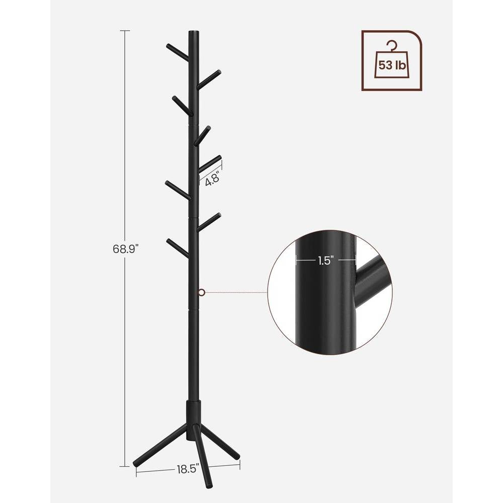 Black coat rack stand with angled stability legs and round pole foot