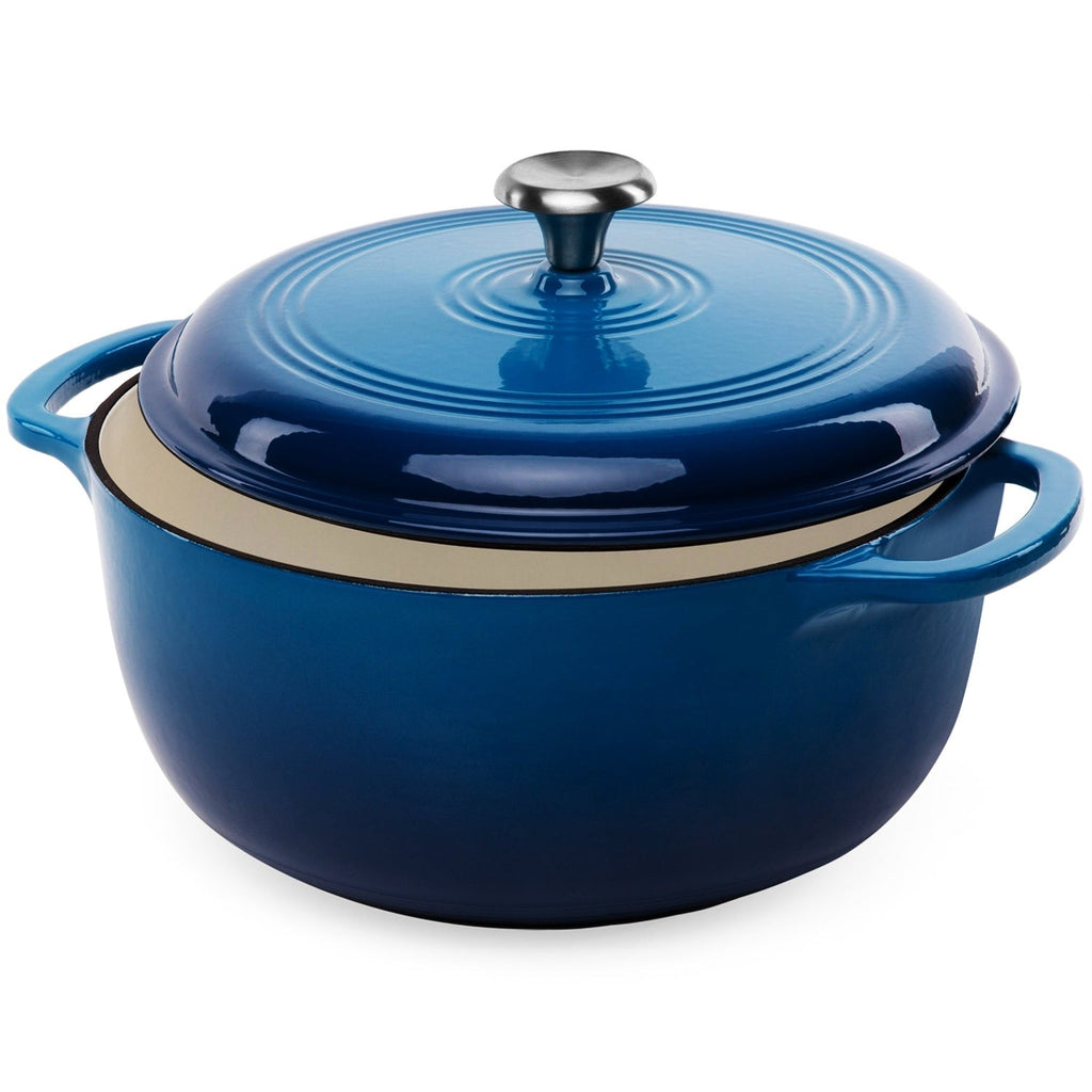 Blue enamel cast-iron Dutch oven with domed lid and side handles