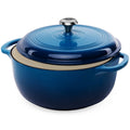 Blue enamel cast-iron Dutch oven with domed lid and side handles