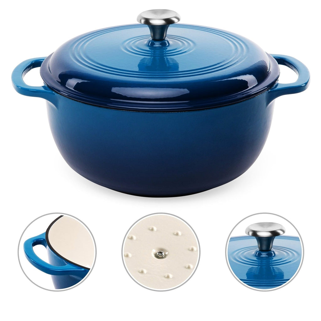 Blue enamel cast-iron Dutch oven with domed lid and loop side handles