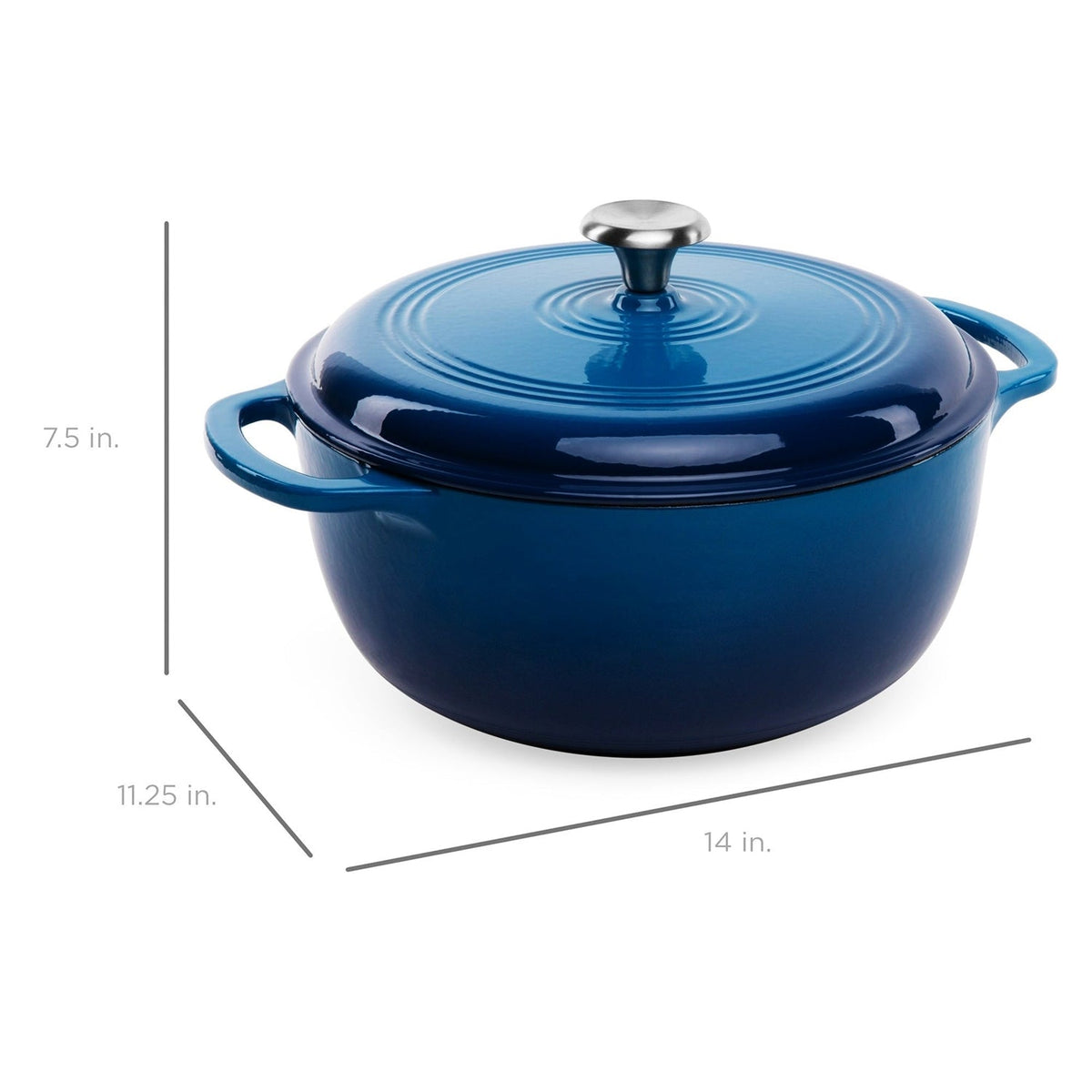 Blue enamel cast-iron Dutch oven with domed lid; 14 in shown