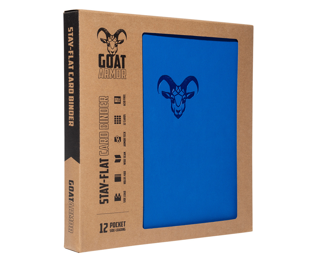 Card binder in box with blue front panel and goat head emblem