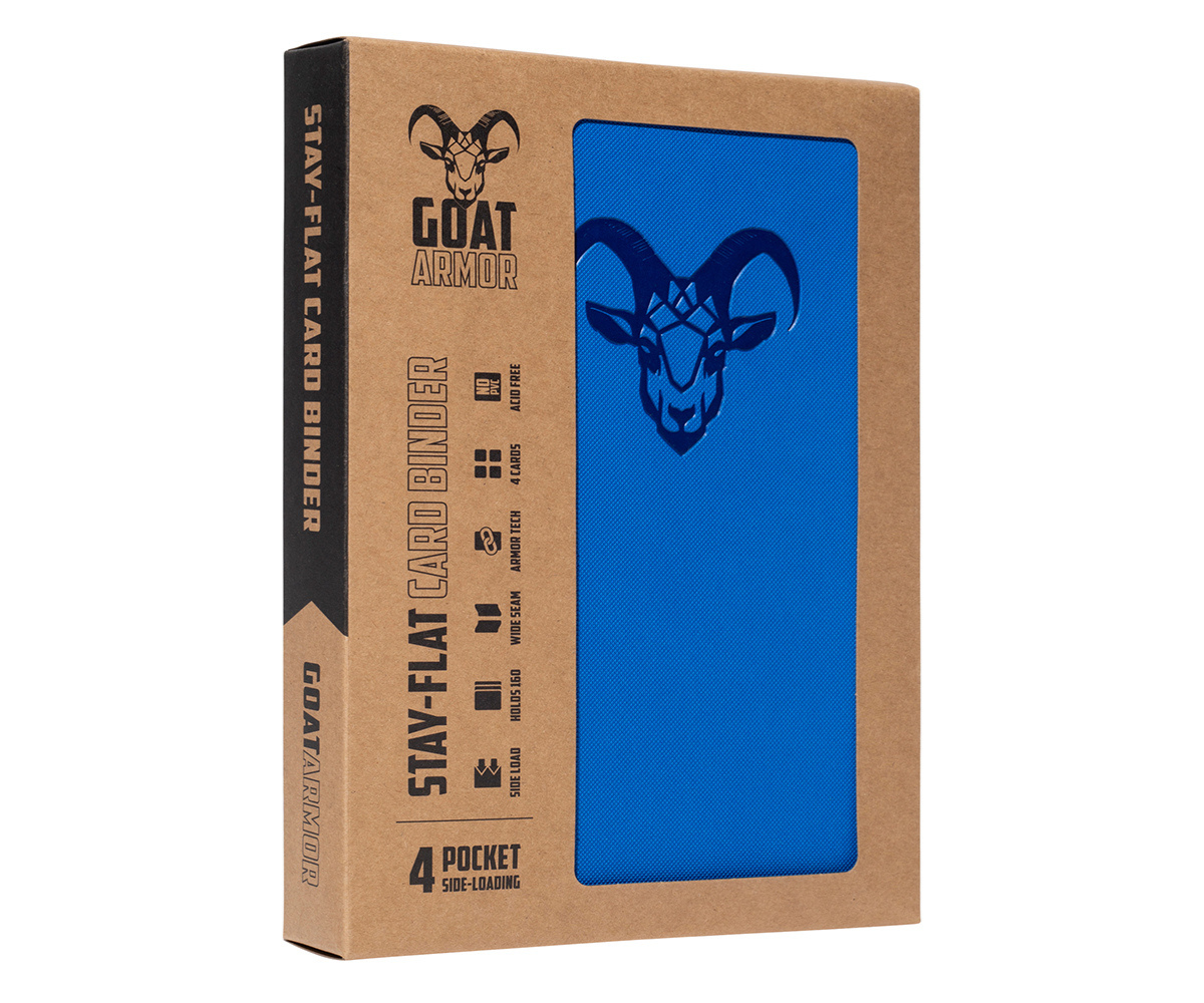 Blue card binder shown through retail box window with goat emblem