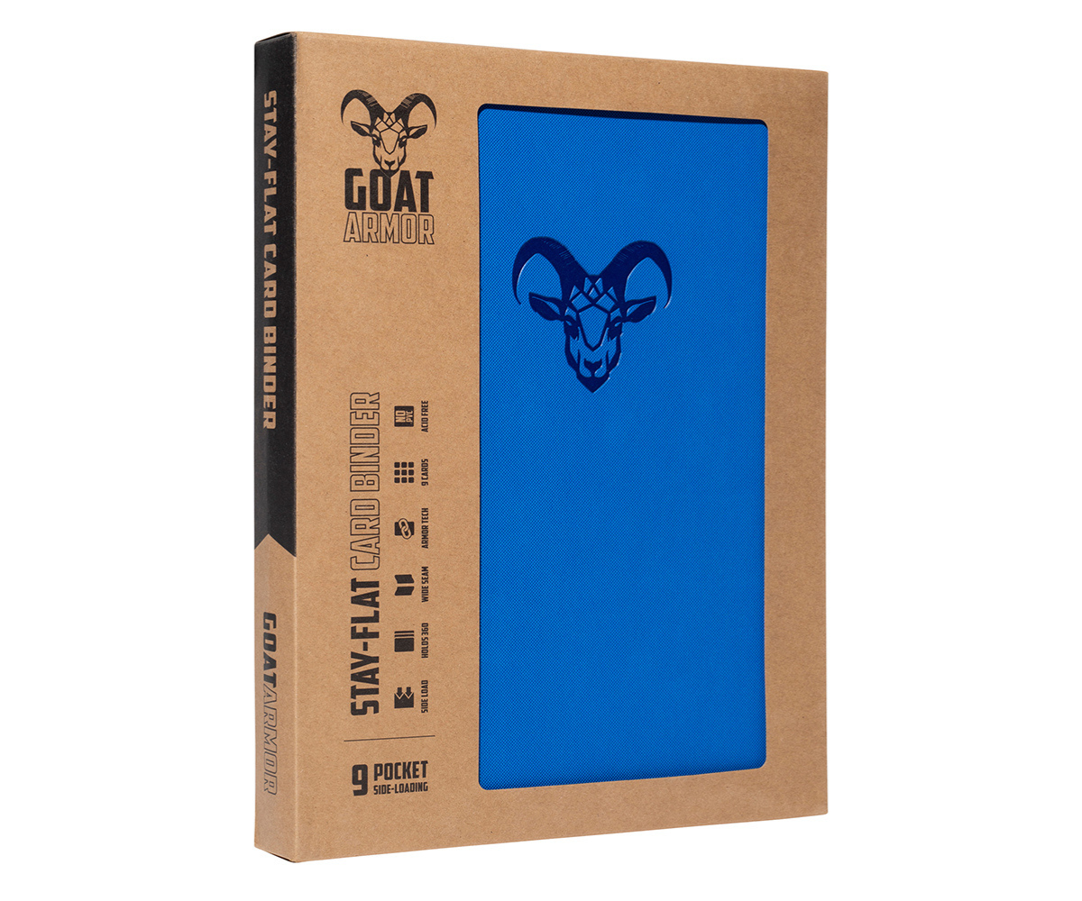 Stay Flat card binder, blue front panel with goat icon and slide-on style