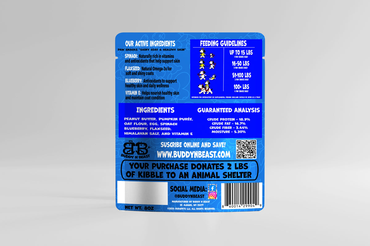 Dog treat bag back panel, ingredient and nutrition text with barcode and feeding guide