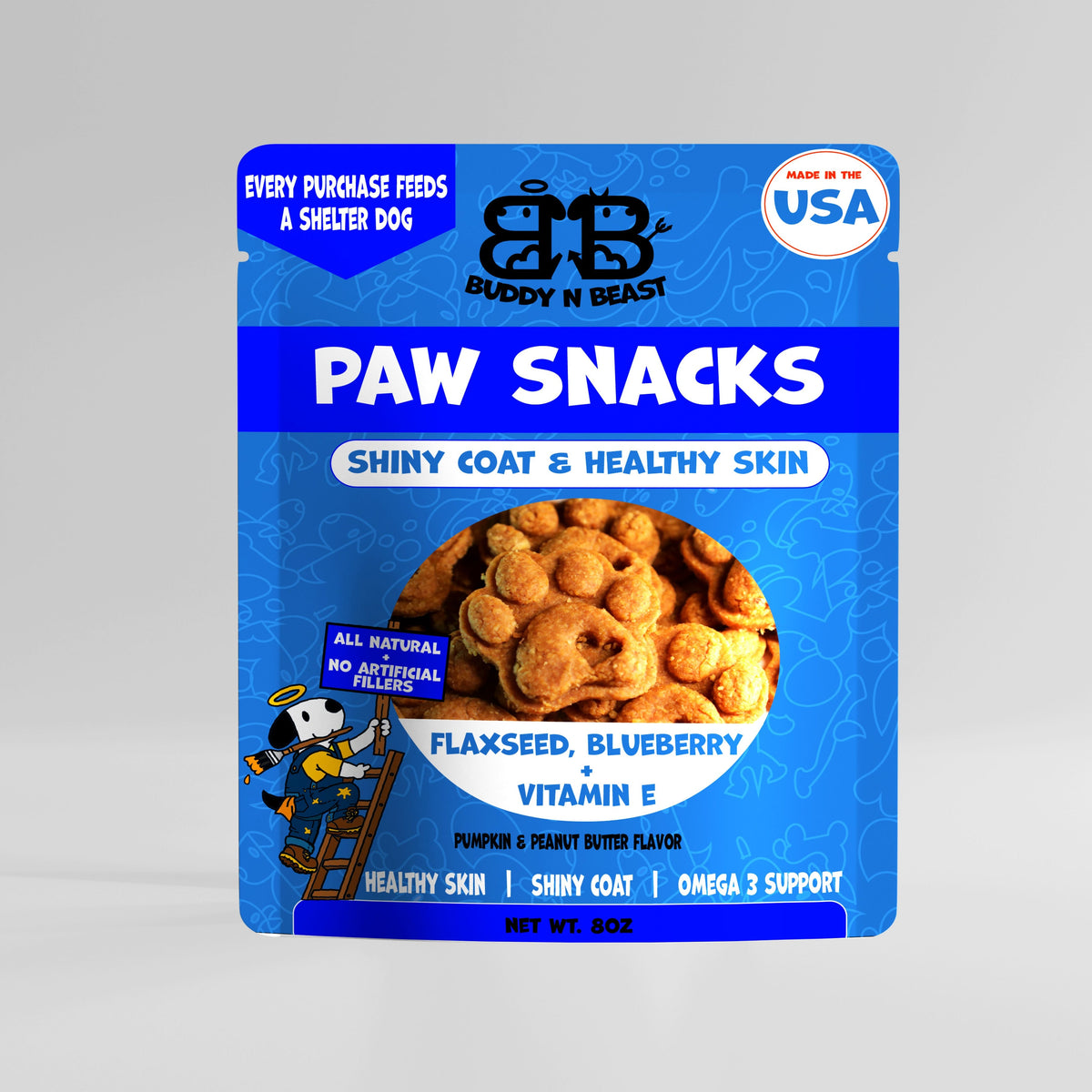 Dog treat bag, blue front with kibble photo and 'Shiny coat & healthy skin' label